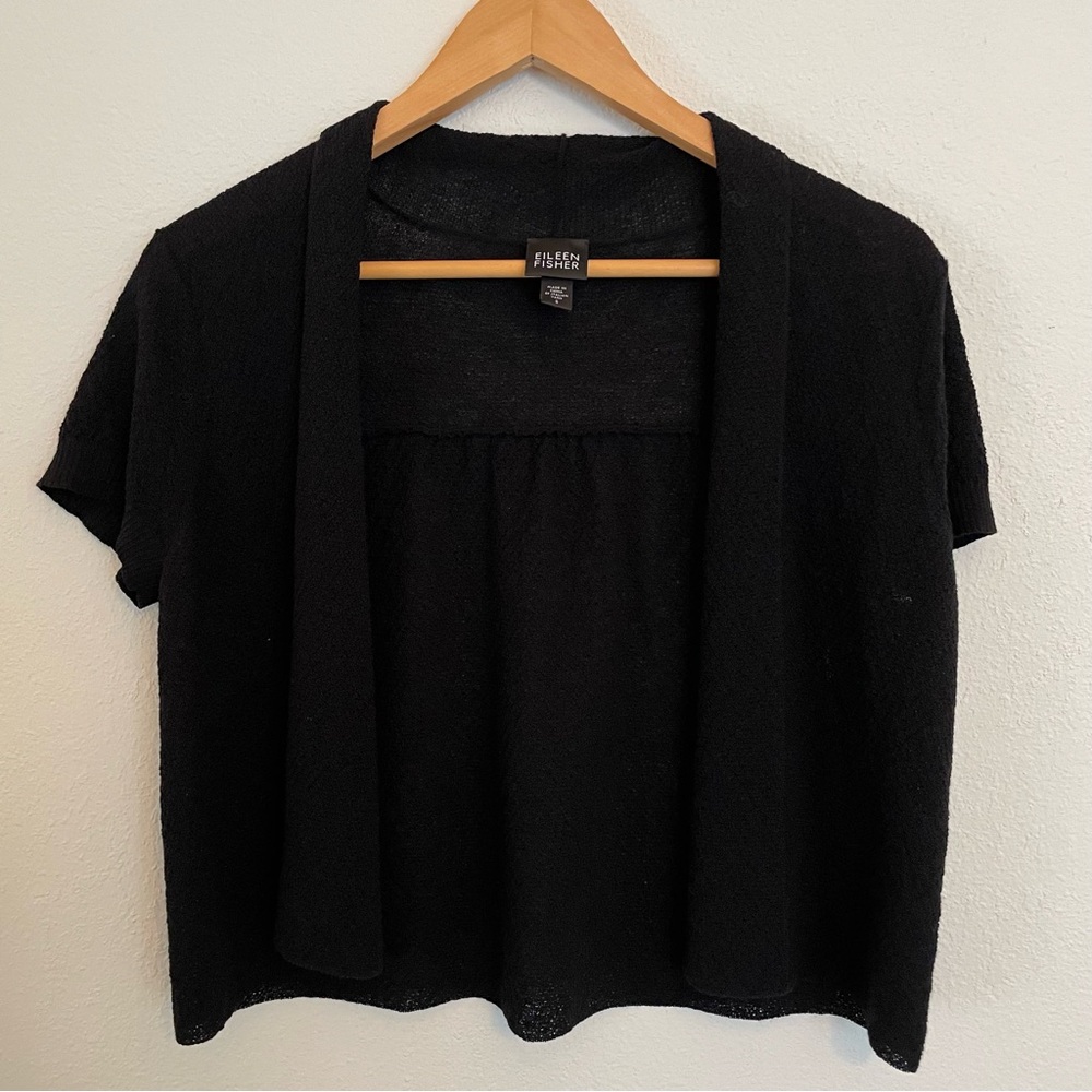 Eileen Fisher Shrug/Cropped Cardigan Short Sleeve Size S Black Lightweight Wool